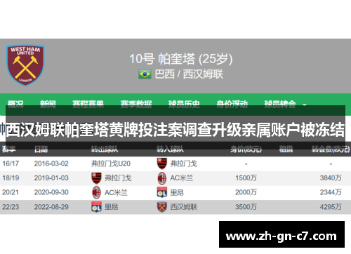 西汉姆联帕奎塔黄牌投注案调查升级亲属账户被冻结