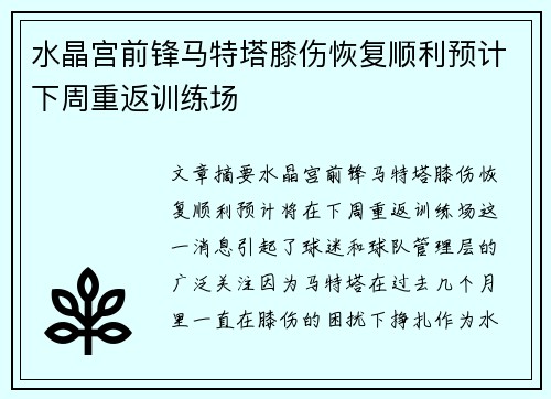 水晶宫前锋马特塔膝伤恢复顺利预计下周重返训练场