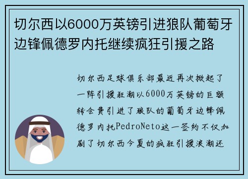 切尔西以6000万英镑引进狼队葡萄牙边锋佩德罗内托继续疯狂引援之路 切尔西以6000万英镑引进狼队葡萄牙边锋佩德罗内托继续疯狂引援之路